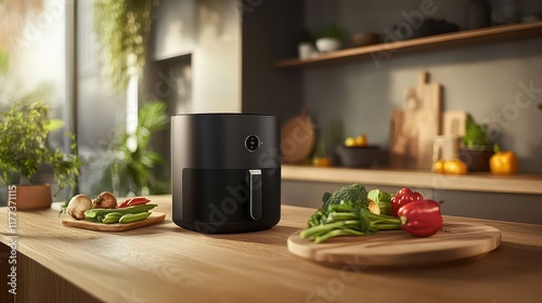 Modern kitchen scene featuring a sleek air fryer with fresh vegetables on wooden cutting boards, showcasing vibrant colors and a stylish design in a cozy interior setting.