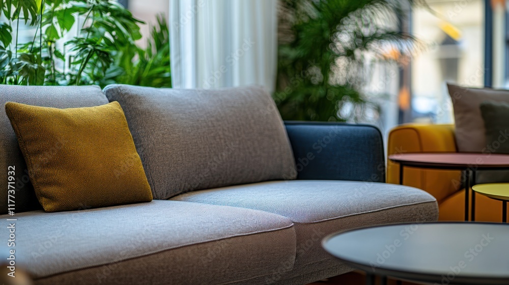 Obraz premium Modern grey sofa with yellow pillow in bright room.