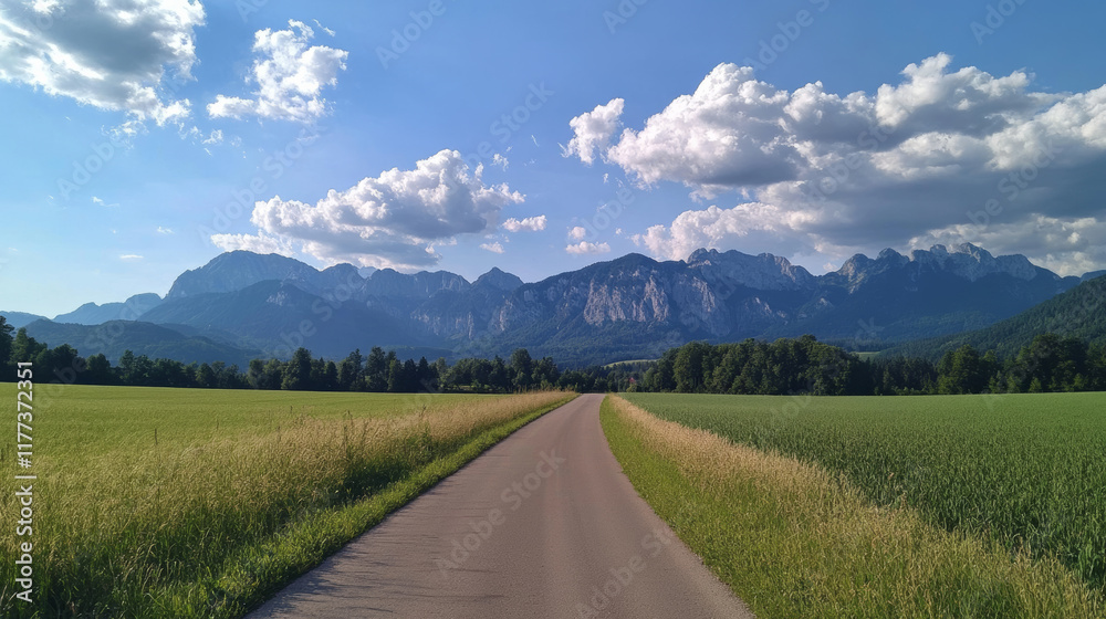 Naklejka premium scenic countryside road stretches through lush green fields, framed by majestic mountains under vibrant sky filled with fluffy clouds. tranquil landscape invites exploration and adventure