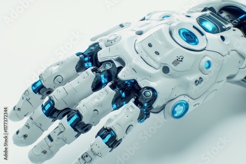 3D Render of Cartoon-Style Robot Hand on White Background. Simple Design with Cute Blue Details.