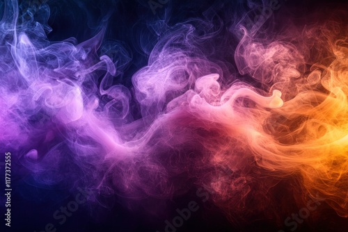 Colorful smoke billows and swirls against a black backdrop, creating an abstract pattern photo