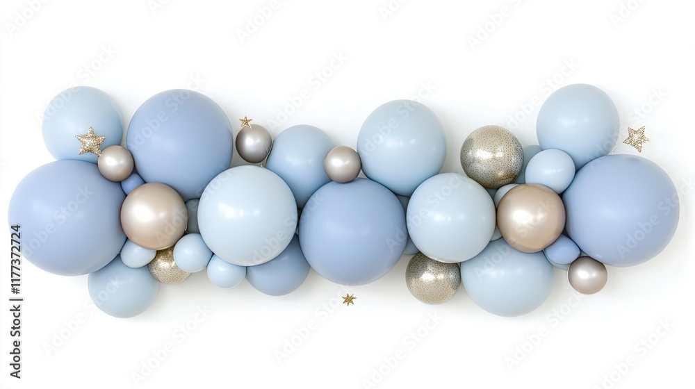 The vibrant balloon garland displays an array of light blue and gold spheres, adorned with glittering stars against a crisp white backdrop The vibrant balloon garland displays an array of light blue and gold spheres, adorned with glittering stars against a crisp white backdrop