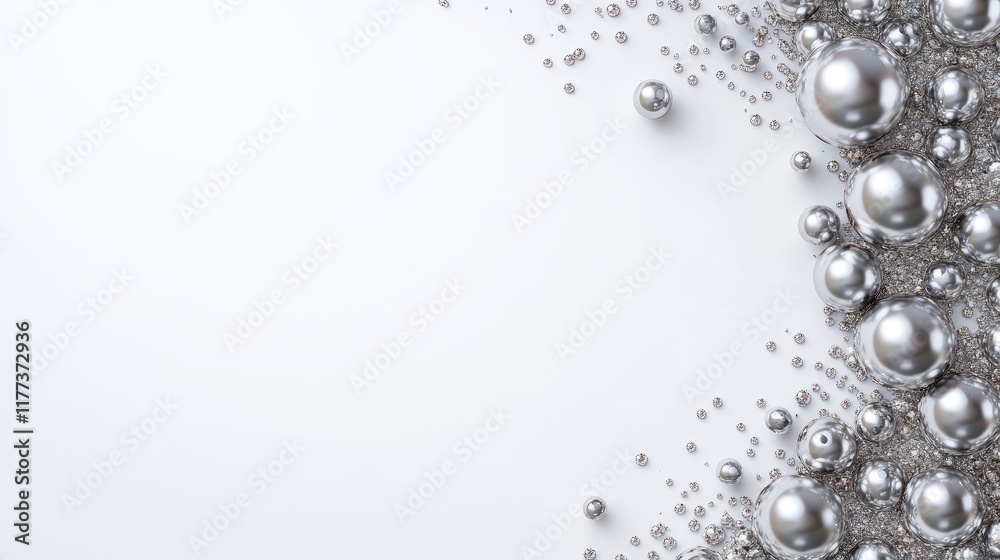 A collection of silver spheres creates a striking visual composition against a white background, offering ample space for text A collection of silver spheres creates a striking visual composition against a white background, offering ample space for text