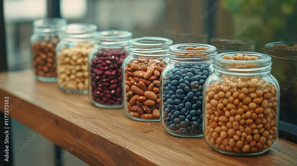 Variety of Beans in Glass Jars on Wooden Shelf Variety of Beans in Glass Jars on Wooden Shelf