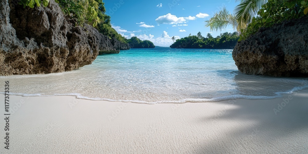 Obraz premium Serene Beach Landscape with Clear Water and Lush Greenery Under Bright Blue Sky