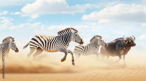 Dynamic image of zebras galloping across a dry savanna under a bright blue sky, capturing the beauty and motion of wildlife in its natural habitat. Great for action or wildlife themes. photo