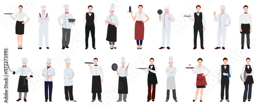 Chef and restaurant staff collection set. Set of restaurant, cafe and hotel staff waiter, waitress and chef. 