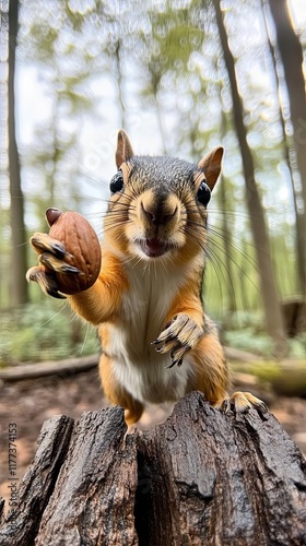 A playful squirrel presents a walnut in a forest