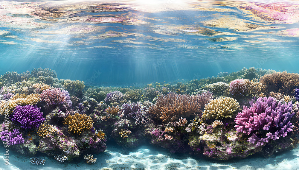 Naklejka premium Vibrant underwater scene showcasing a diverse coral reef teeming with life, bathed in sunlight.