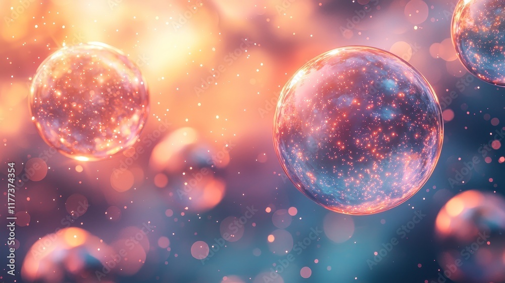 Fototapeta premium Glowing, ethereal spheres drift peacefully through a twilight sky, fading into a sparkling cosmic background