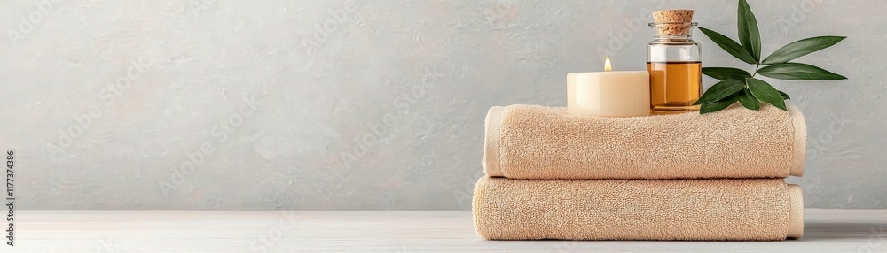 Soft Towels with Aromatic Candle and Essential Oil on Neutral Background Soft Towels with Aromatic Candle and Essential Oil on Neutral Background