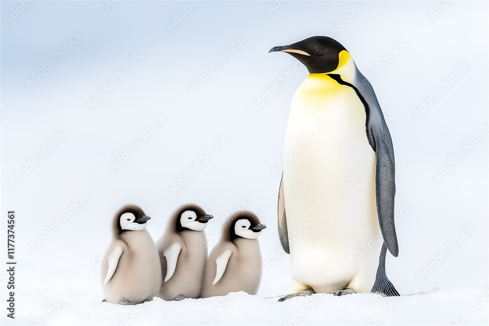 Fototapeta premium A family of emperor penguins with one adult and three chicks standing on snow-covered ground, symbolizing unity and natural wildlife in a frosty environment.
