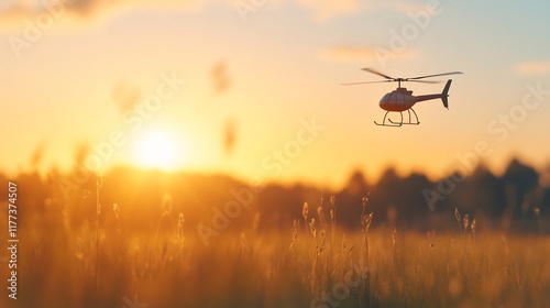 Remote-Controlled Toy Helicopter Soaring Toward the Sun in a Golden-Hour Landscape photo