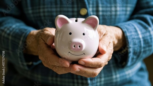 Panoramic image, Man hand holding piggy bank on wood table. Save money and financial investment