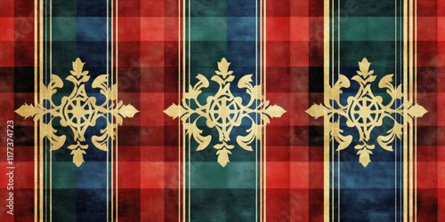 A decorative stewart tartan pattern featuring ornate gold motifs on a rich background.