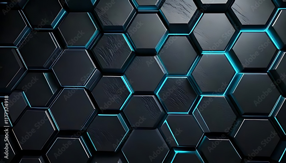 A dark, patterned surface of raised hexagons is edged with vibrant blue light A dark, patterned surface of raised hexagons is edged with vibrant blue light