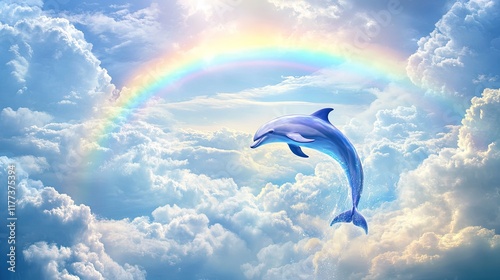 An awe-inspiring image of a dolphin jumping towards a radiant rainbow, surrounded by soft clouds.