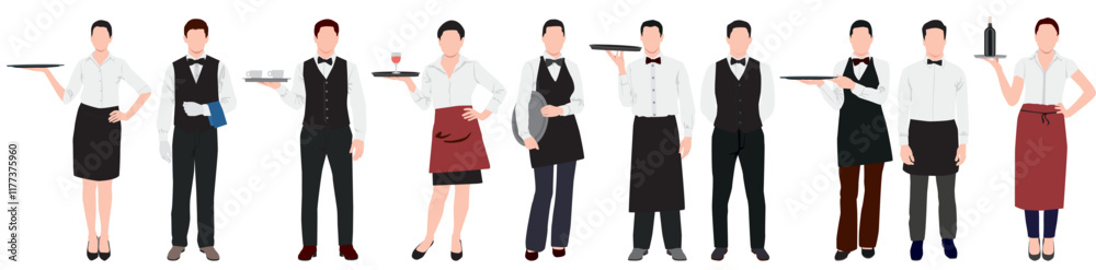 set professional waiter and waitress. Men and women restaurant staff in uniform. set professional waiter and waitress. Men and women restaurant staff in uniform.
