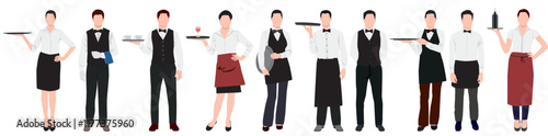 set professional waiter and waitress. Men and women restaurant staff in uniform. 