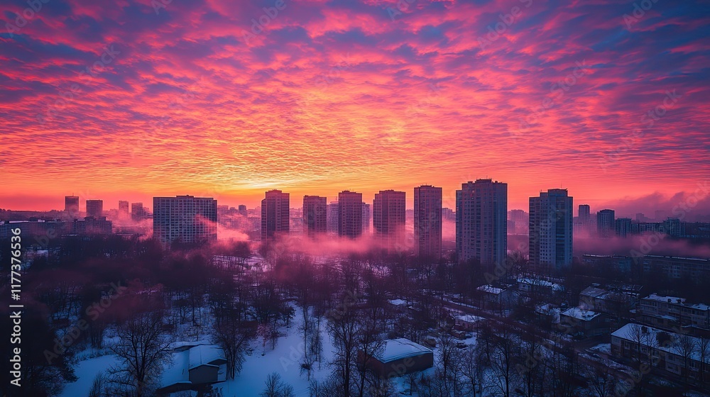 Fototapeta premium Stunning sunrise over urban skyline with colorful clouds and serene landscape in winter