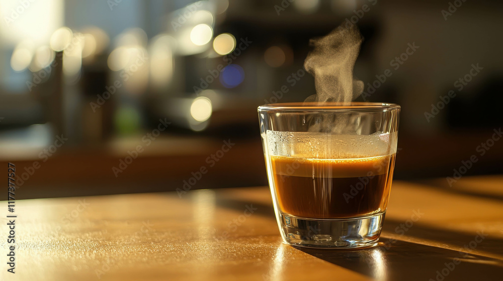 Freshly Brewed Espresso in Clear Glass Cup with Steam Rising Beautifully