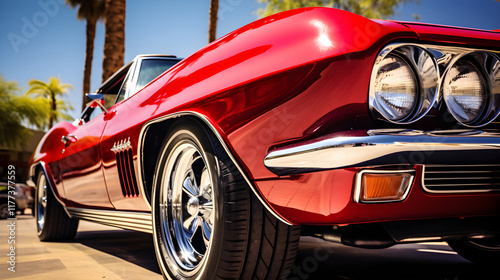 Stunning High Definition Image of a Glossy Red Vintage Muscle Car Bathed in Sunlight