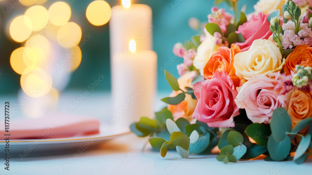 Obraz premium Romantic Floral Arrangement with Candles and Soft Lights for Elegant Dinner Setting