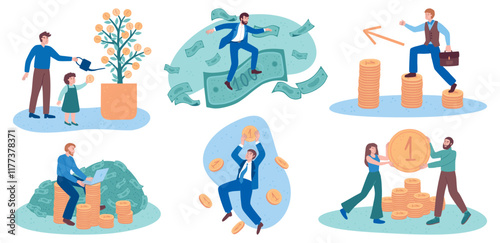 Person with money. Business education, economy literacy, people characters with coins and cash. Self knowledge about cost growth. Savings and investment. Vector flat cartoon isolated concept