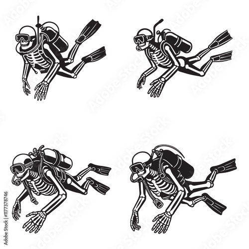 Collection of Scuba Diving Skeleton illustration Vector, Diver skull clipart Design
