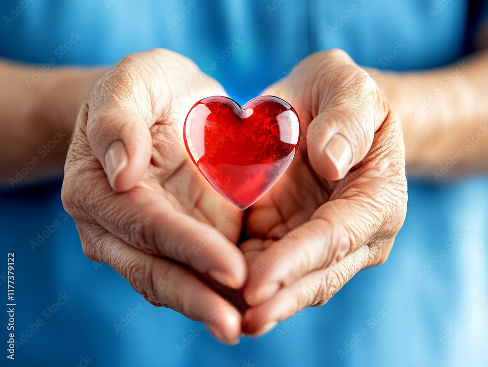 Obraz premium Caring Hands Holding a Shiny Red Heart Symbolizing Love and Compassion in Elderly Care Setting
