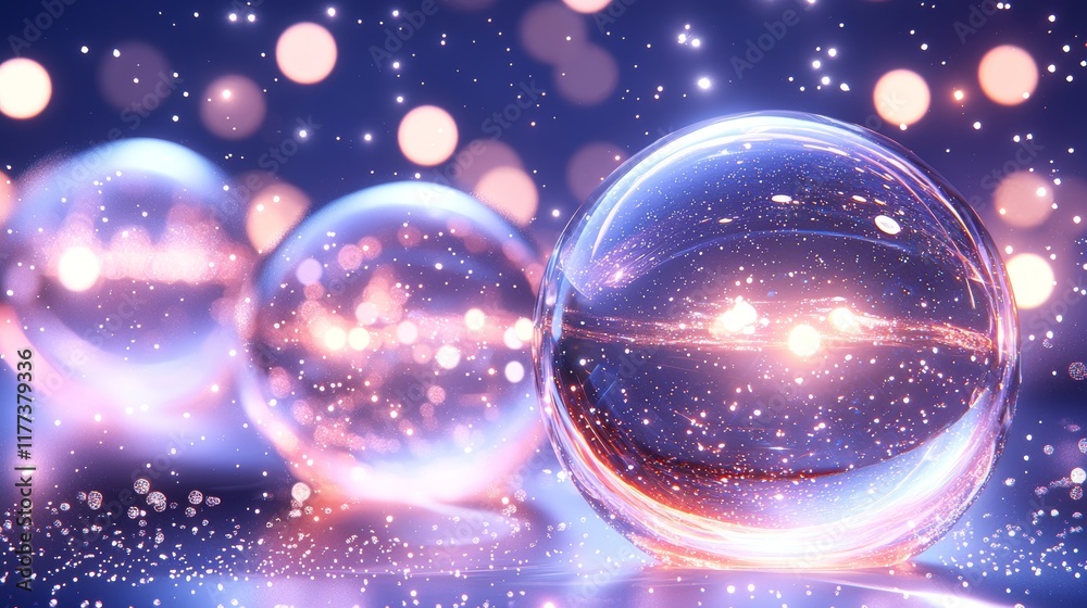 Glowing spheres of light orbiting in a starry sky, their soft glow blending with the glittering twinkle of distant stars Glowing spheres of light orbiting in a starry sky, their soft glow blending with the glittering twinkle of distant stars