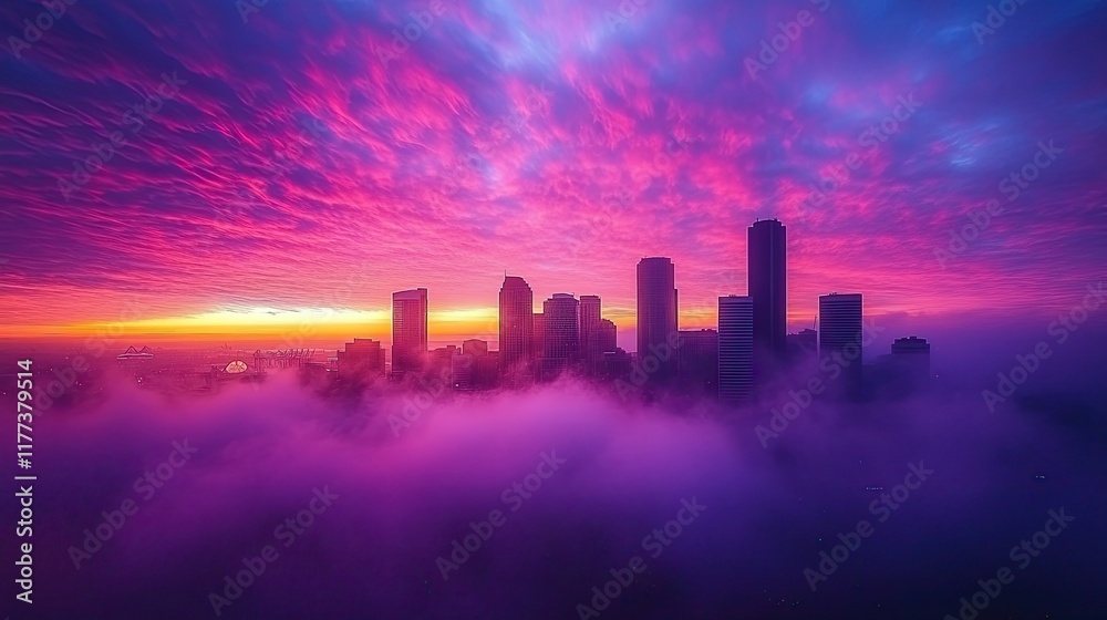 Fototapeta premium Stunning sunrise over a vibrant city skyline with colorful clouds and fog