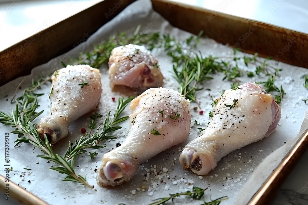 Raw chicken drumsticks on a baking sheet sprinkled with sea salt, pepper, and crushed garlic.
