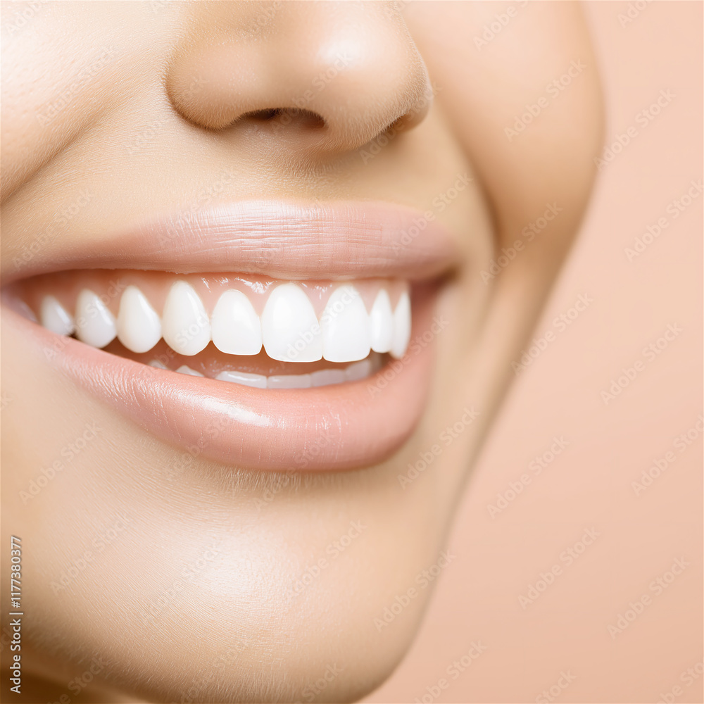 Obraz premium Close-up of a smiling face with bright white teeth, showcasing dental care and hygiene on a peachy-pink background. Perfect for health and beauty campaigns.