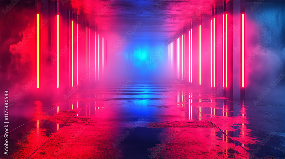 Obraz premium Neon-lit, futuristic cityscape backdrop with vibrant hues of blue, red, and pink. Fog-filled, empty room creates a mysterious and atmospheric scene reminiscent of cyberpunk aesthetics. Ideal for sci-f
