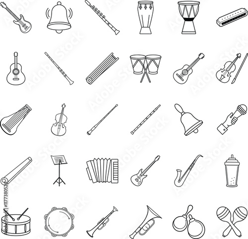 Musical Instruments Icons Collection of Strings, Percussion, and Wind