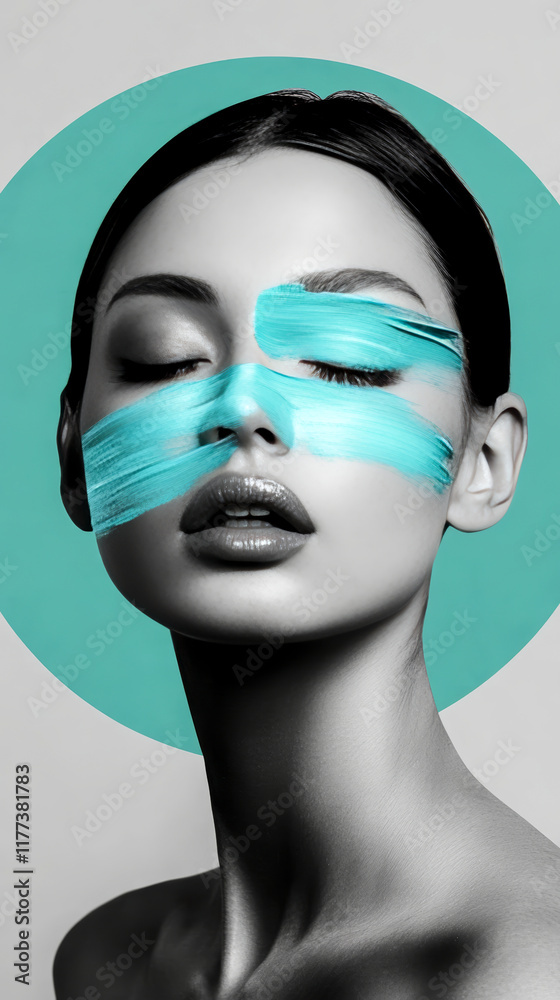Minimalistic portrait of a woman with closed eyes, featuring bold blue face paint and a turquoise circle backdrop.
Minimalistic portrait of a woman with closed eyes, featuring bold blue face paint and a turquoise circle backdrop.