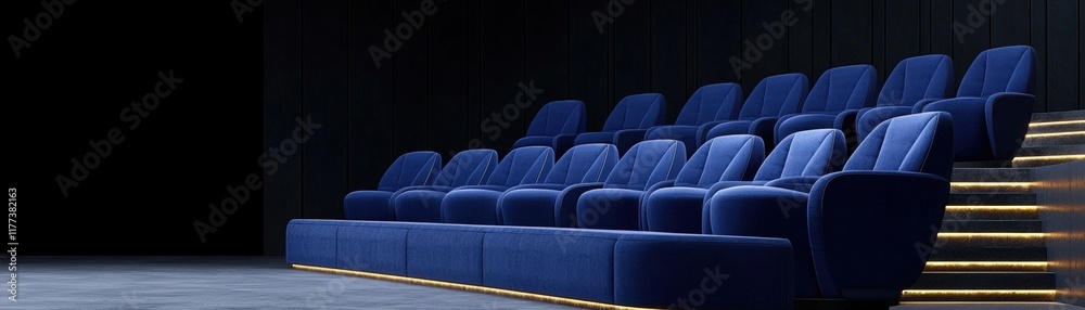 Fototapeta premium Comfortable Blue Seats in a Modern Movie Theater with Elegant Lighting and Dark Interior Design