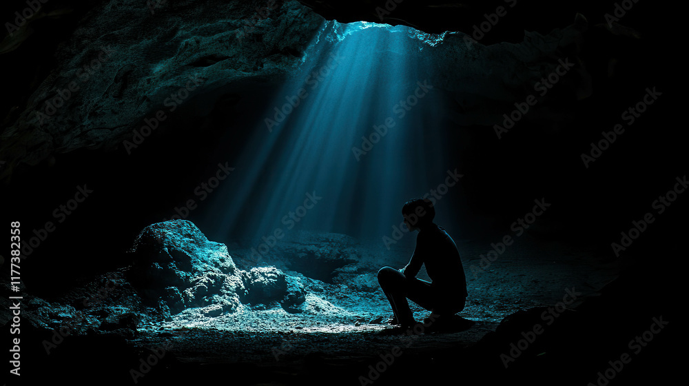 Obraz premium A Solitary Figure Kneels in a Dark Cave Illuminated by Breakthrough Light