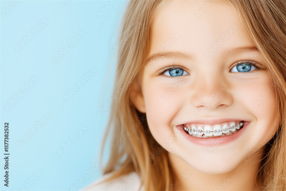 A smiling girl with braces on her teeth, radiating happiness and positivity against a bright blue background, perfect for dental care promotion. A smiling girl with braces on her teeth, radiating happiness and positivity against a bright blue background, perfect for dental care promotion.
