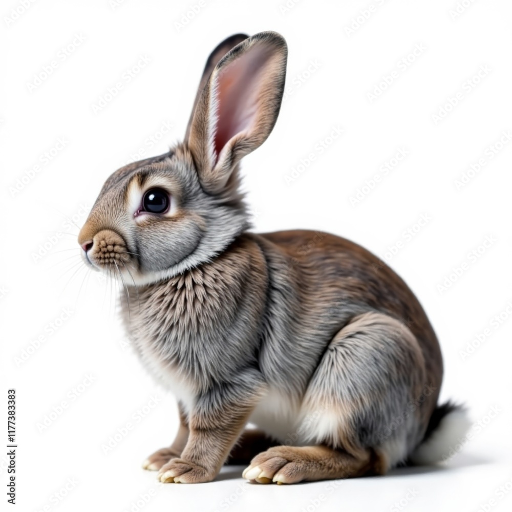 Obraz premium Cute gray rabbit with large ears standing alone on white background for Easter, holiday, cute, easter eggs