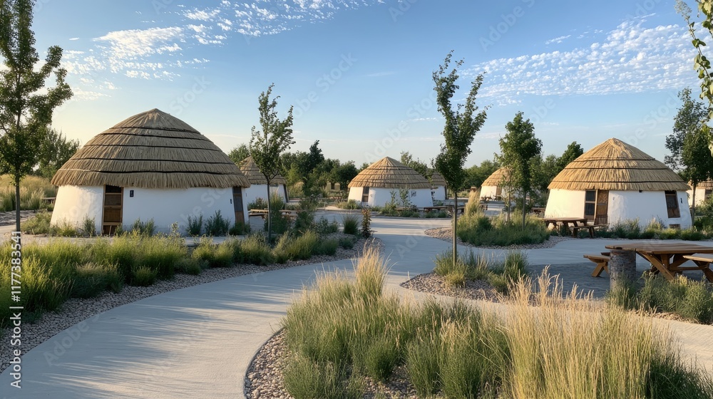 Obraz premium Bright summer day highlights traditional Zulu huts in an eco village, framed by green trees and open park space near Harare