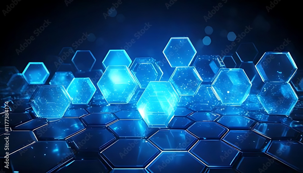 Luminous blue hexagonal shapes hover above a darker, reflective hexagonal grid. Luminous blue hexagonal shapes hover above a darker, reflective hexagonal grid.