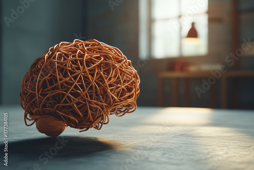 Ocd. A symbolic image of a human brain with tangled wires representing intrusive obsessive thoughts. 