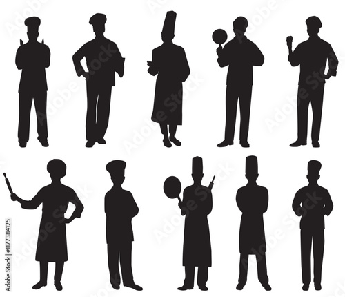 set of silhouette of chef and waitress and waiter. 