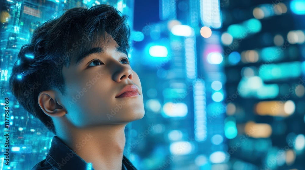 Cyberpunk Visionary: A young man stares into the neon-drenched night, his gaze reflecting both ambition and uncertainty. The futuristic cityscape, a symphony of lights and digital patterns. Cyberpunk Visionary: A young man stares into the neon-drenched night, his gaze reflecting both ambition and uncertainty. The futuristic cityscape, a symphony of lights and digital patterns.