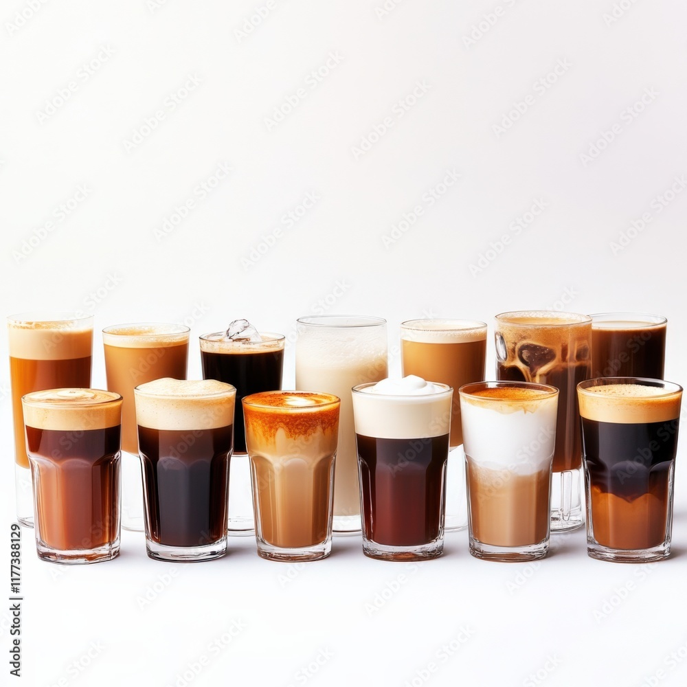 various coffee beverages in glasses on white background various coffee beverages in glasses on white background