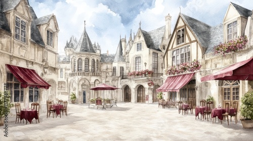 Fototapeta Naklejka Na Ścianę i Meble -  Charming european street scene, bistro tables and chairs invite relaxation