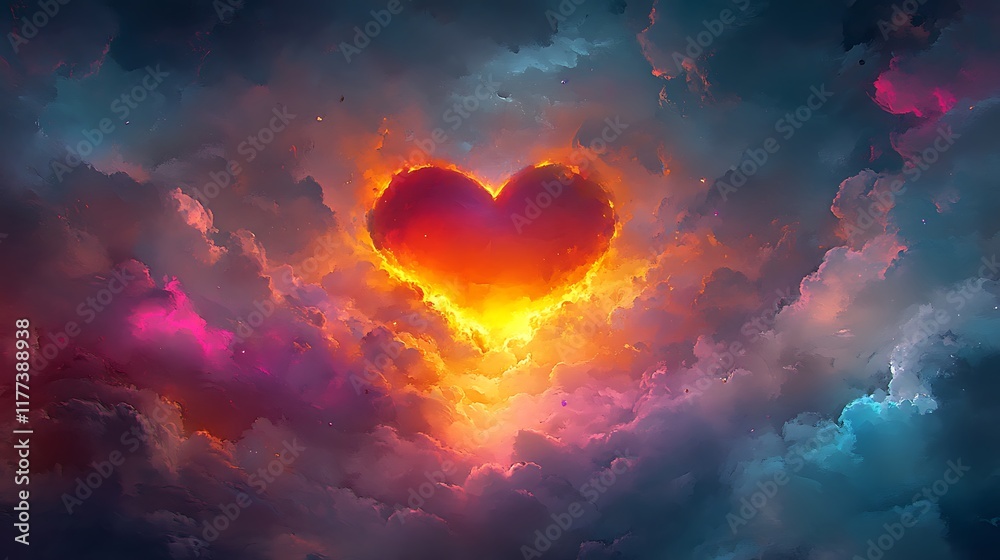 A luminous Valentine heart surrounded by clouds in a colorful abstract setting created through generative AI art A luminous Valentine heart surrounded by clouds in a colorful abstract setting created through generative AI art