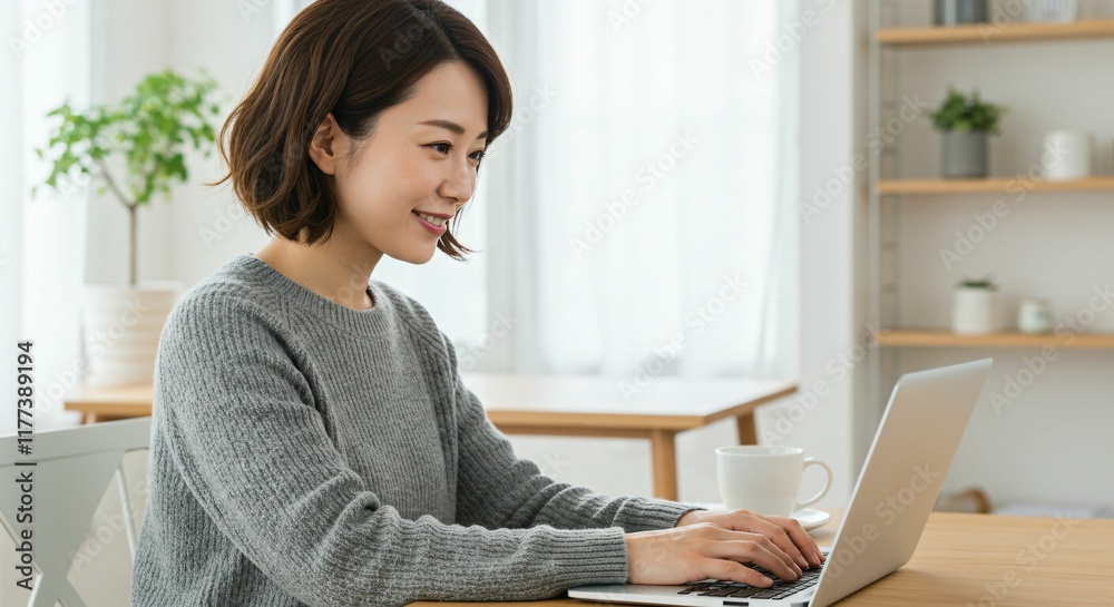 Focused Japanese Woman with Medium Brown Hair Working Remotely from a Bright Home Office with a Minimalist Interior
